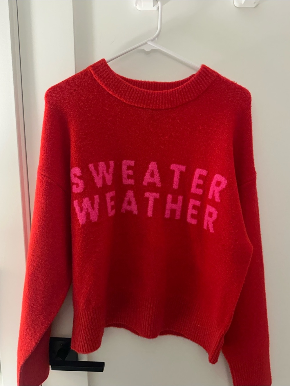a new day Red Crewneck Sweater with Pink 'SWEATER WEATHER' Text